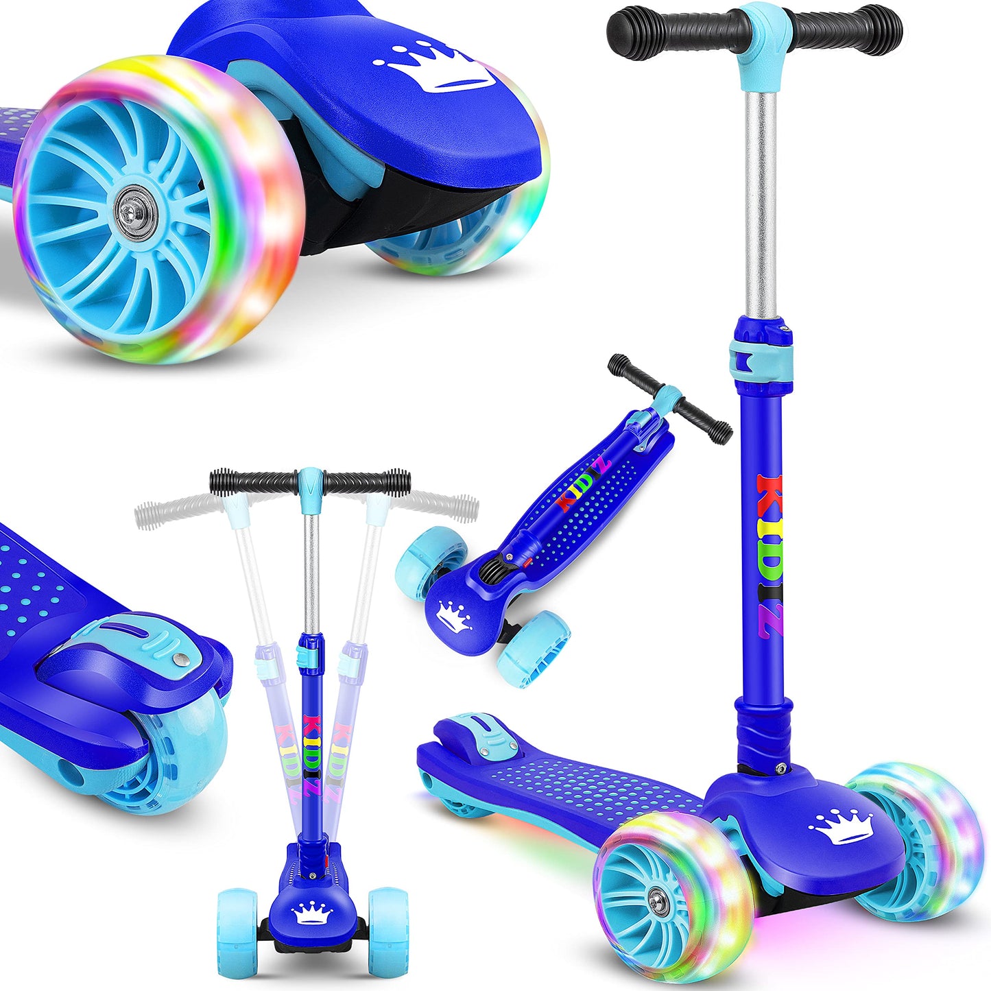 KIDIZ® Roller Kids Scooter X-Pro2 Trike Scooter with PU LED Light-Up Wheels Children's scooter foldable kick scooter adjustable height city scooter kids scooter for boys girls 3-12 years, Blue