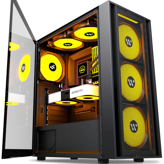 KEDIER's PC case, pre-installed with 3 black case fans, ATX Mid Tower, gaming case with tempered glass opening, side panel, mesh computer case, black (H3) (H05-X60F)
