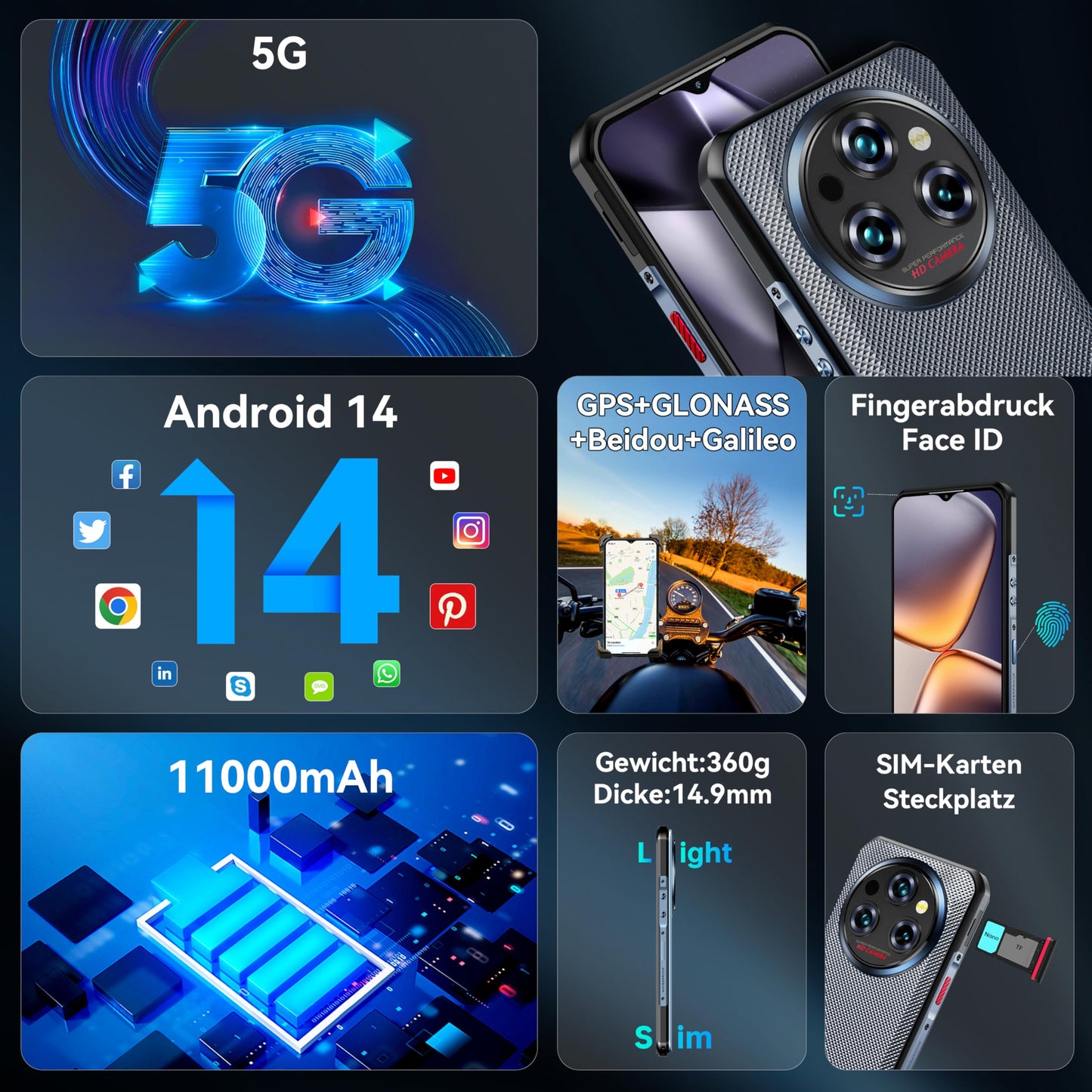 OUKITEL WP35 Outdoor Smartphone 5G - Android 14 rugged phone 11000mAh, 24GB RAM + 256GB ROM Waterproof construction phone 6.6 inch, 64MP+32MP+8MP night vision camera, NFC/GPS/Fingerprint/Face ID, Green