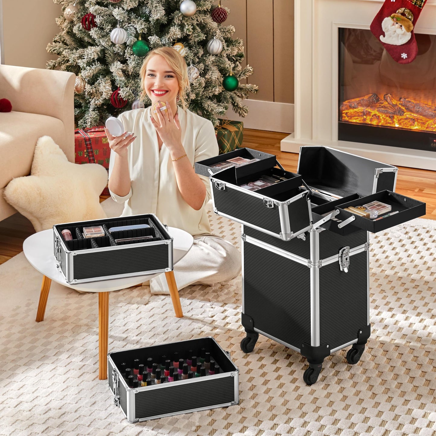 Yaheetech 5-in-1 hard shell cosmetic case, lockable makeup case, large hairdresser case with 360° rotating wheels, ample storage