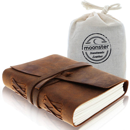 Moonster Leather Notebook Journal - Antique leather bound notebook for writing - Blank Paper 20x15cm - great for art, as a sketchbook, or travel journal