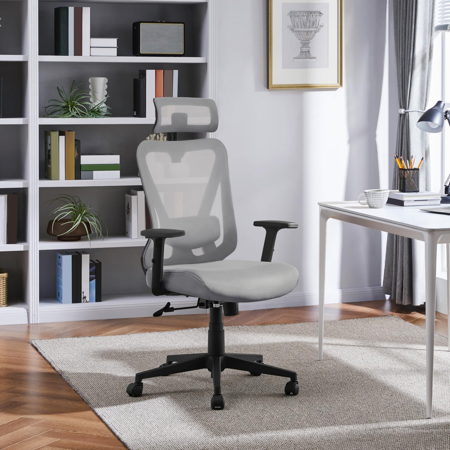 Yaheetech Office Chair Ergonomic, Desk Chair with Adjustable Headrest, Armrests, Lumbar Support, Lockable Height-adjustable Swivel Chair with 90°-130° Reclining Function Light Gray