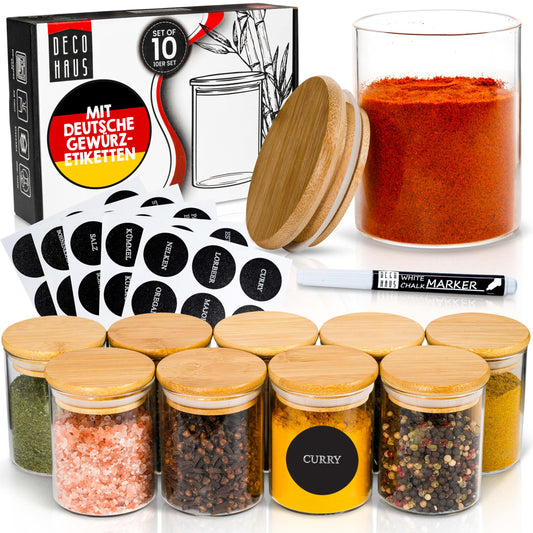 Deco house® Spice Jars Set of 10 with Wooden Lids [+ Labels] - Round Airtight Glass Spice Jars - Spice Containers - Spice Storage Jars Set - Containers for Spices - Spice Storage