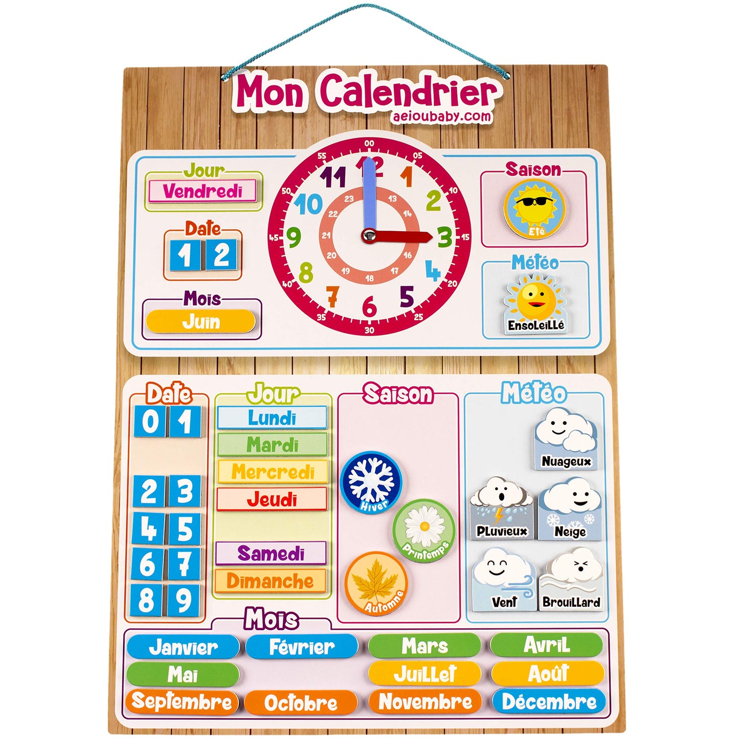 MAGNETIC KIDS CALENDAR CLOCK, Educational game Date Weather and Time for Wall or Fridge, 43x32cm. Ideal box as a gift for children's birthday at school or kindergarten. (French)