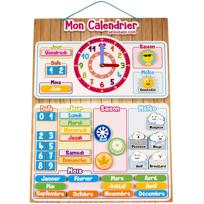 MAGNETIC KIDS CALENDAR CLOCK, Educational game Date Weather and Time for Wall or Fridge, 43x32cm. Ideal box as a gift for children's birthday at school or kindergarten. (French)