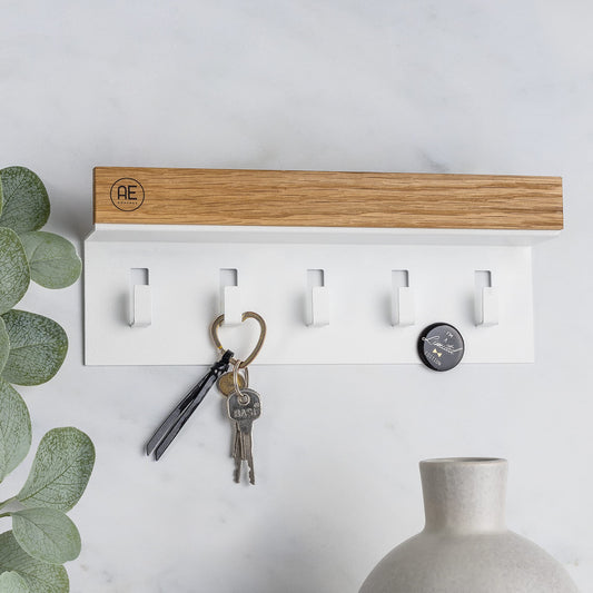 AE Günther® Key Rack Wood - White Steel Key Holder - Oak Key Board - Key Organizer with Tray - Keyring - Key Box - Wall Organizer - Key Rack (White)