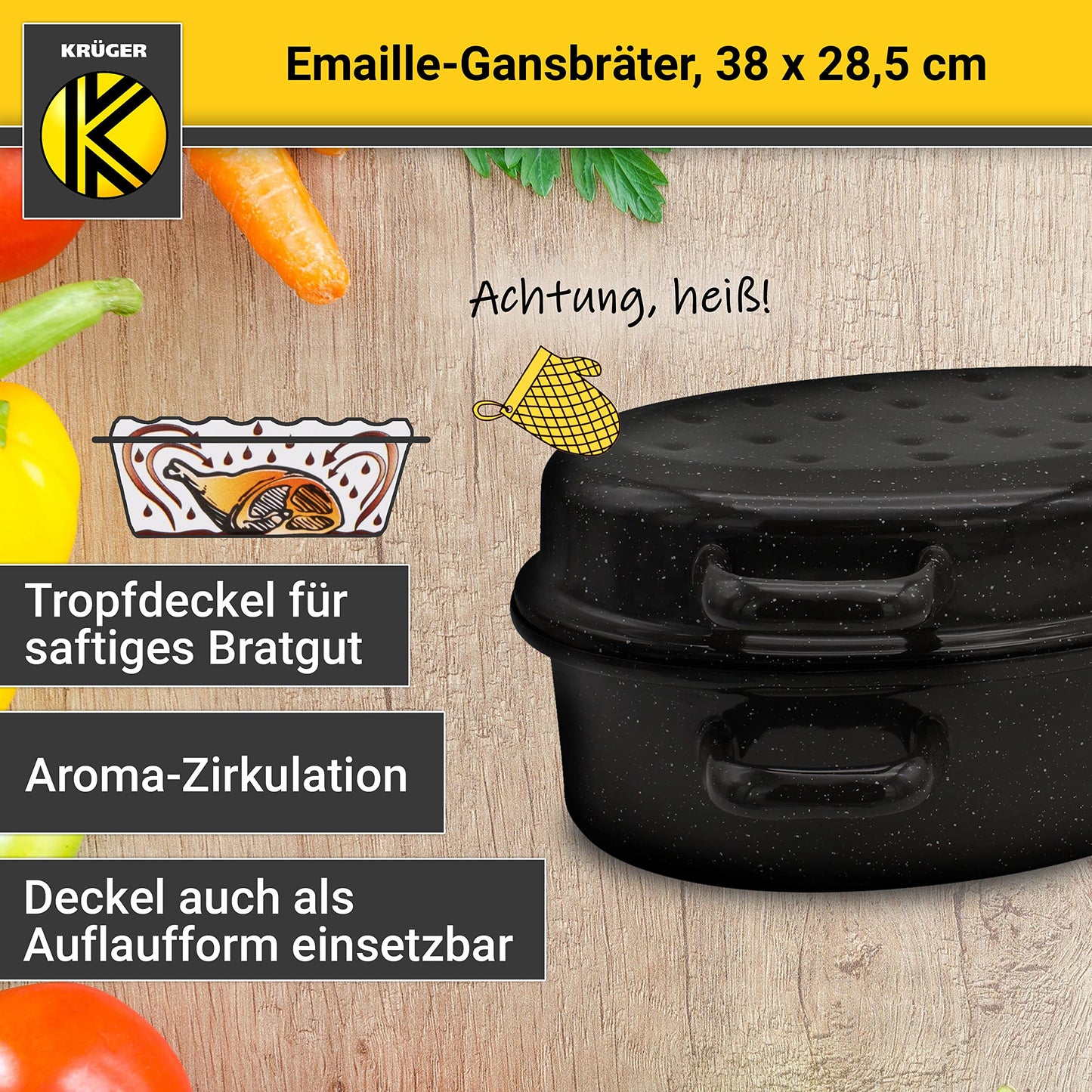 Krüger enameled goose roaster with drip lid - high-quality roaster - suitable for all stove types - excellent for roasts and poultry (enamel - black-white speckled (38 x 28.5 cm))