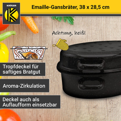 Krüger enameled goose roaster with drip lid - high-quality roaster - suitable for all stove types - excellent for roasts and poultry (enamel - black-white speckled (38 x 28.5 cm))