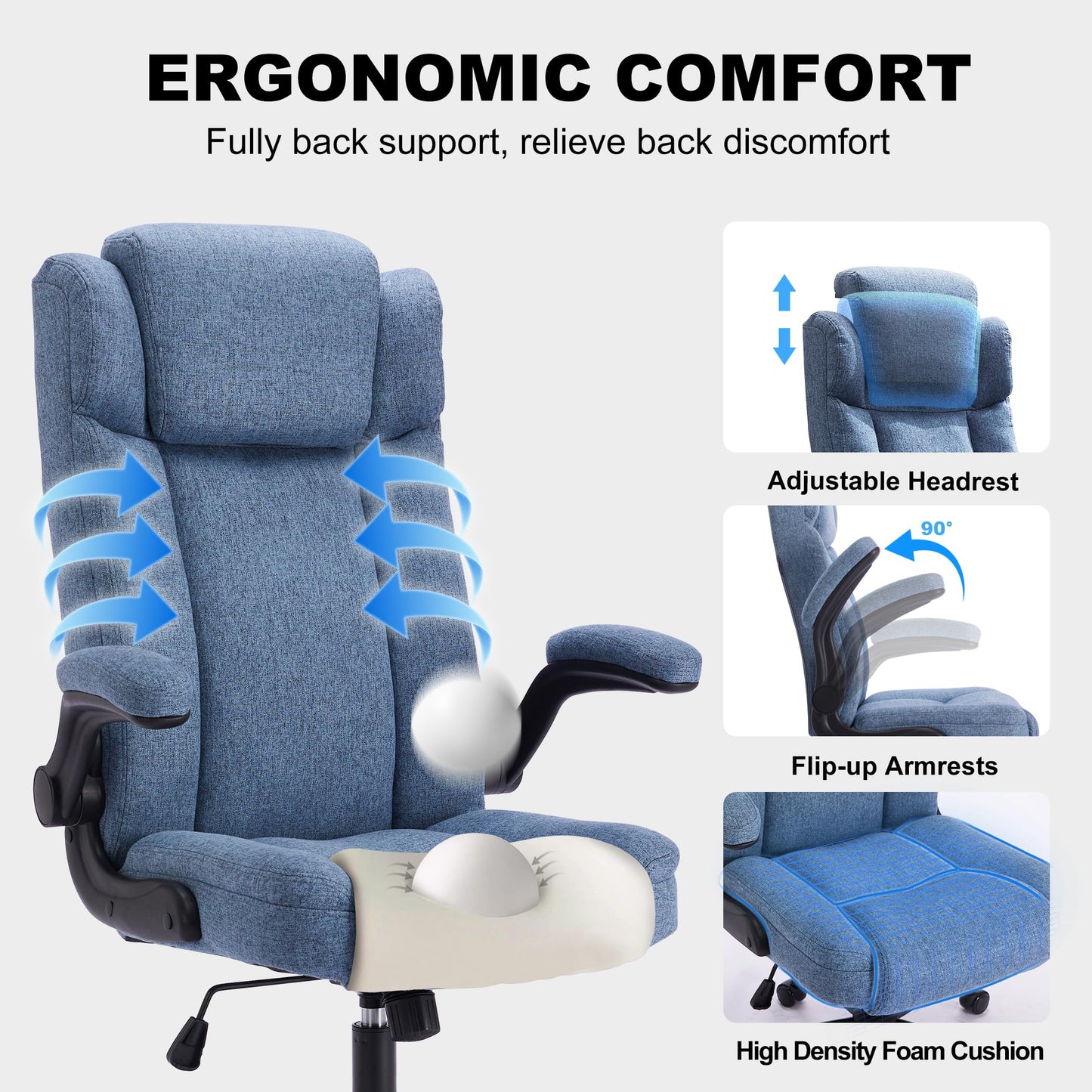 LIYURUI office chair with 150KG capacity, ergonomic design, adjustable headrest, fabric upholstery, swivel wheels, flip-up armrests, and 110° tilt function.