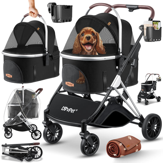 LOVPET® Dog Stroller 3in1 for dogs up to 20kg, dog crate, transport bag, foldable, collapsible, large wheels, mesh windows, rain cover, cup holder, cuddle blanket, cat stroller, jogger buggy for pets.