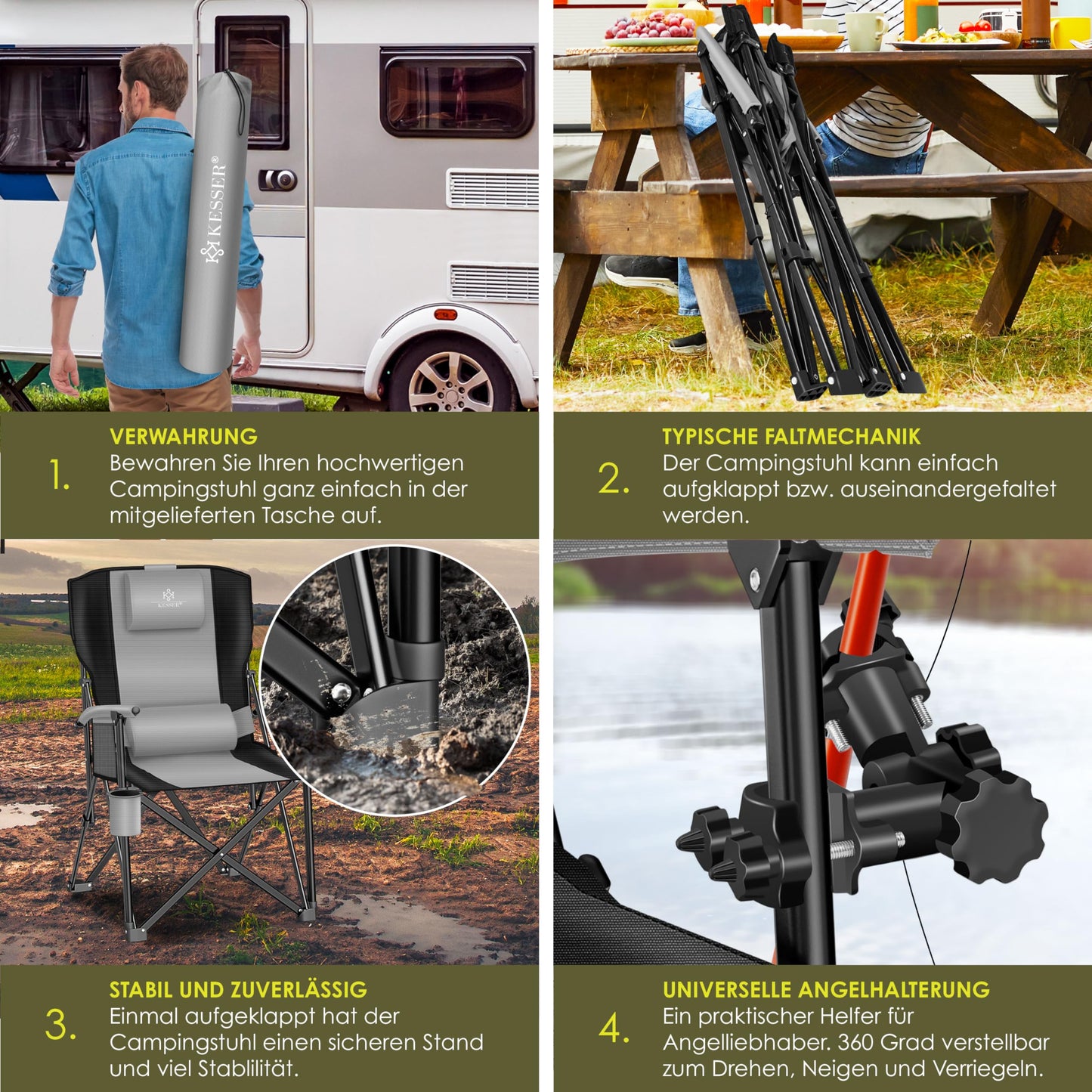 KESSER® Camping chair foldable up to 160 kg | Fishing chair Folding chair Padded with armrests | Camping light and cup holder + bag with high backrest | Beach chair with fishing rod holder