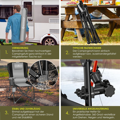 KESSER® Camping chair foldable up to 160 kg | Fishing chair Folding chair Padded with armrests | Camping light and cup holder + bag with high backrest | Beach chair with fishing rod holder