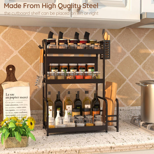 FEXPLENDID kitchen shelf countertop, 63x49x22.5cm, spice racks for kitchen countertop, steel, spice organizer, freestanding spice rack, table shelf for kitchen, office, laundry room (3-tier black)