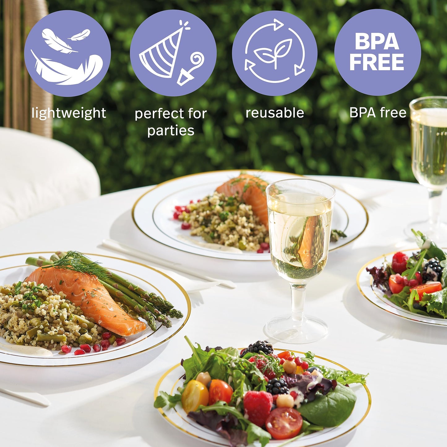 MATANA 120 Premium White Plastic Plates with Gold Rim, 2 Sizes - Unbreakable & Reusable Plastic Plates, Party Plates for Weddings, Birthdays, Parties - Elegant & Sturdy Party Tableware