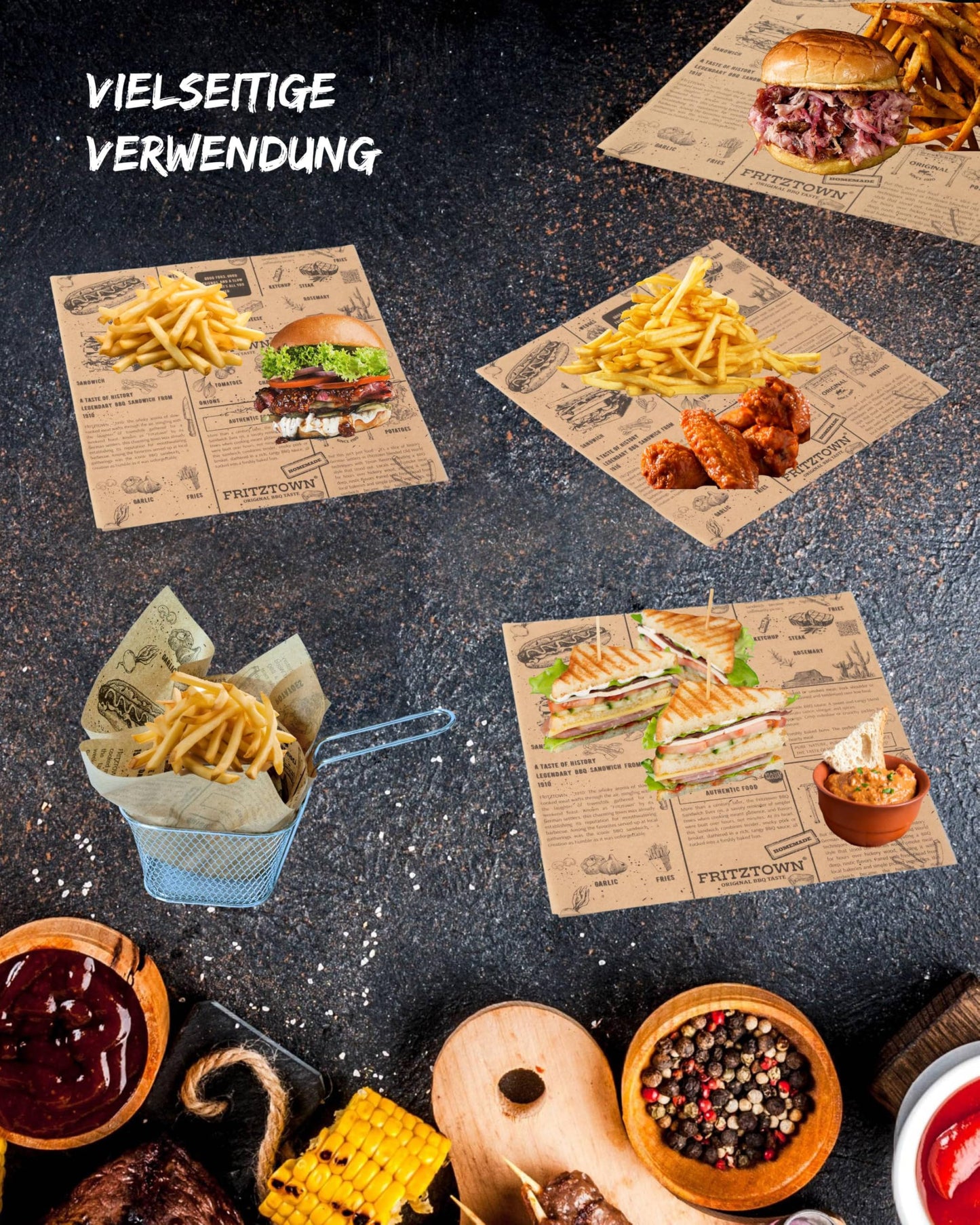 FRITZTOWN Deli Paper | Uncoated wrapping paper for burgers, sandwiches & BBQ | Grease-resistant food paper | Perfect for street food & delicacies (25x25 cm, 1000 sheets)