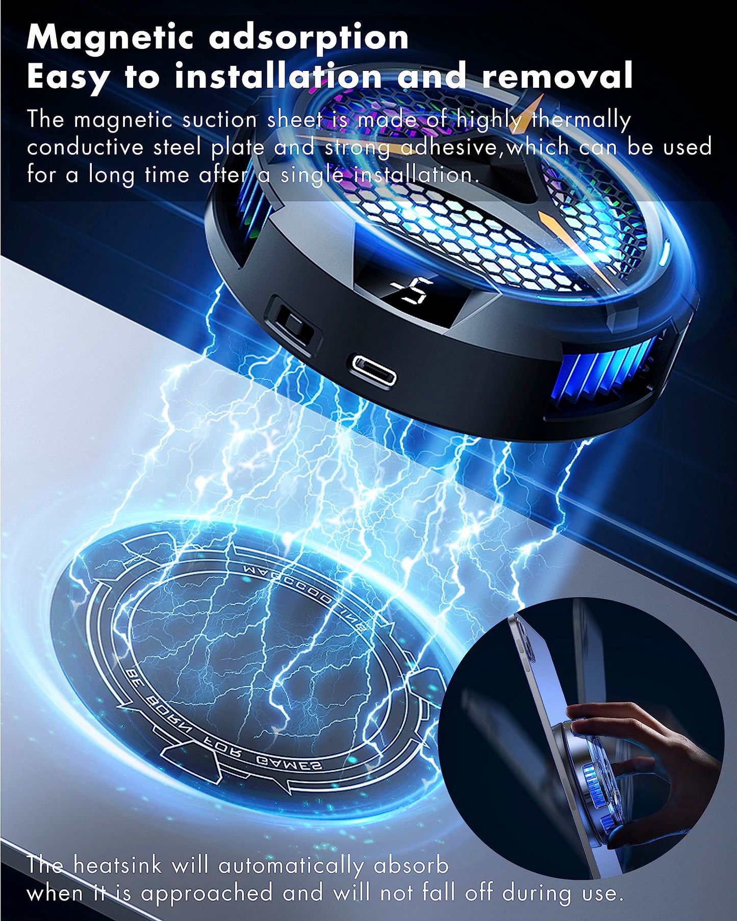 ACEDAYS iPad Cooler, magnetic tablet cooler for iPad/Surface Pro/Samsung Tab, compatible with Steam Deck, universal radiator with temperature display for mobile gaming, Tiktok Live Streaming.