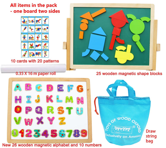 Wooden easel chalkboard magnetic board for children - with magnetic shapes letters numbers pen and paper roll - storage bag included - foldable and easy to store.