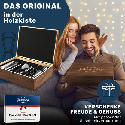 Grevening® [AWARD WINNER] 16-piece Stainless Steel Cocktail Shaker Set in a practical and elegant wooden box, great gift packaging with recipe book for beginners and professional bartenders, 304 Premium Stainless Steel