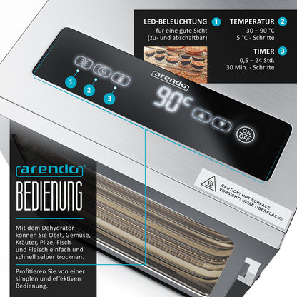 Arendo - Stainless steel food dehydrator 8 shelves - 500 watts with temperature control - Dehydrator for food, meat, fruits, vegetables, mushrooms - Timer up to 24 h - 8 trays - GS certified - Dehydrator
