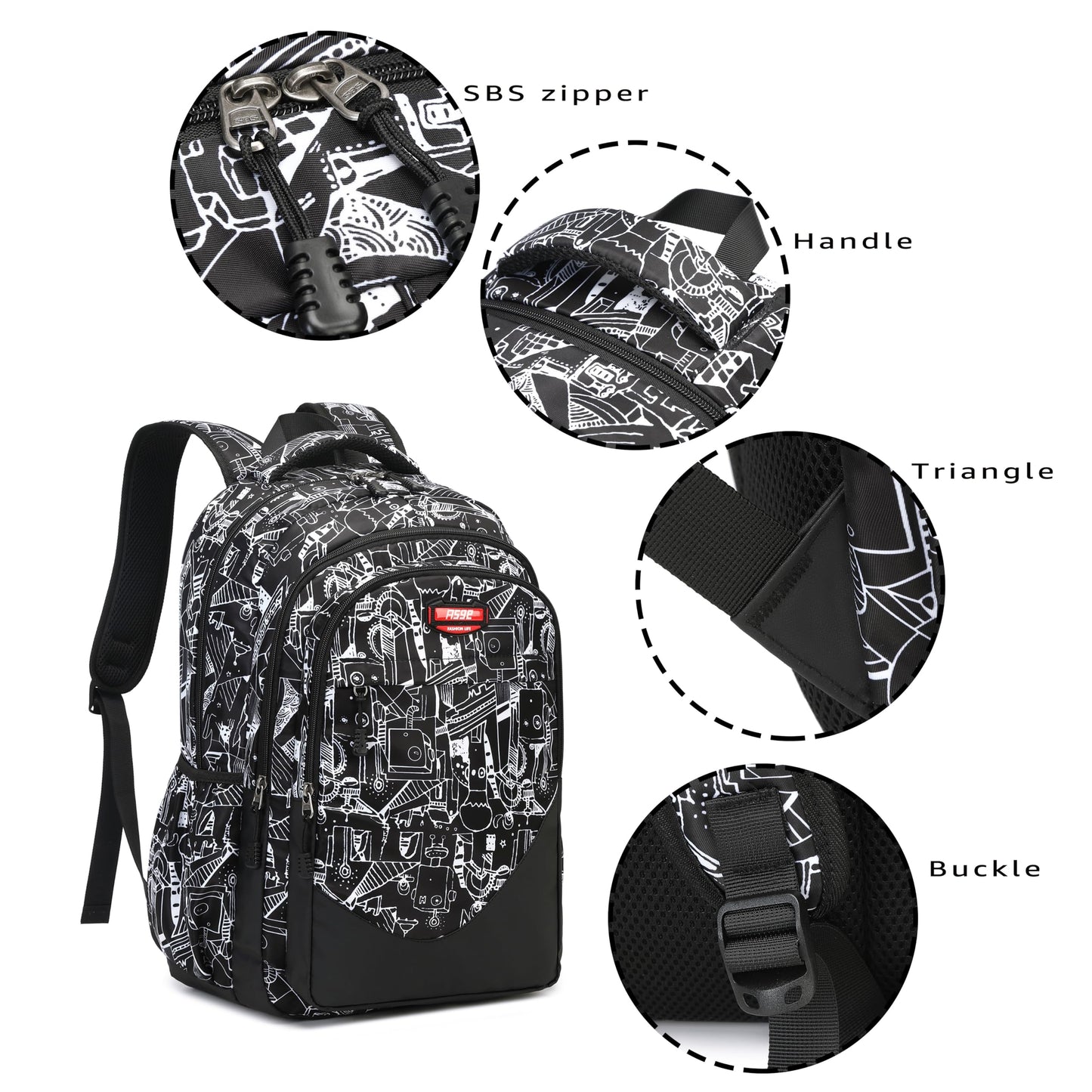 Asge school backpack for boys teenagers, made of nylon. Large school bags for girls, kids backpacks with prints for 8-16 years old. Waterproof school bags for boys.