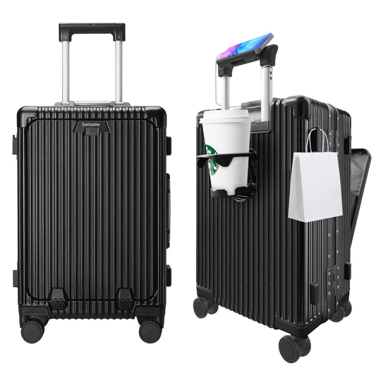 Toumaster Patented Airline Approved Carry-On with Spinner Wheels, 20-inch suitcase with aluminum frame, built-in TSA lock, USB port & cup holder, phone holder travel luggage (Black)