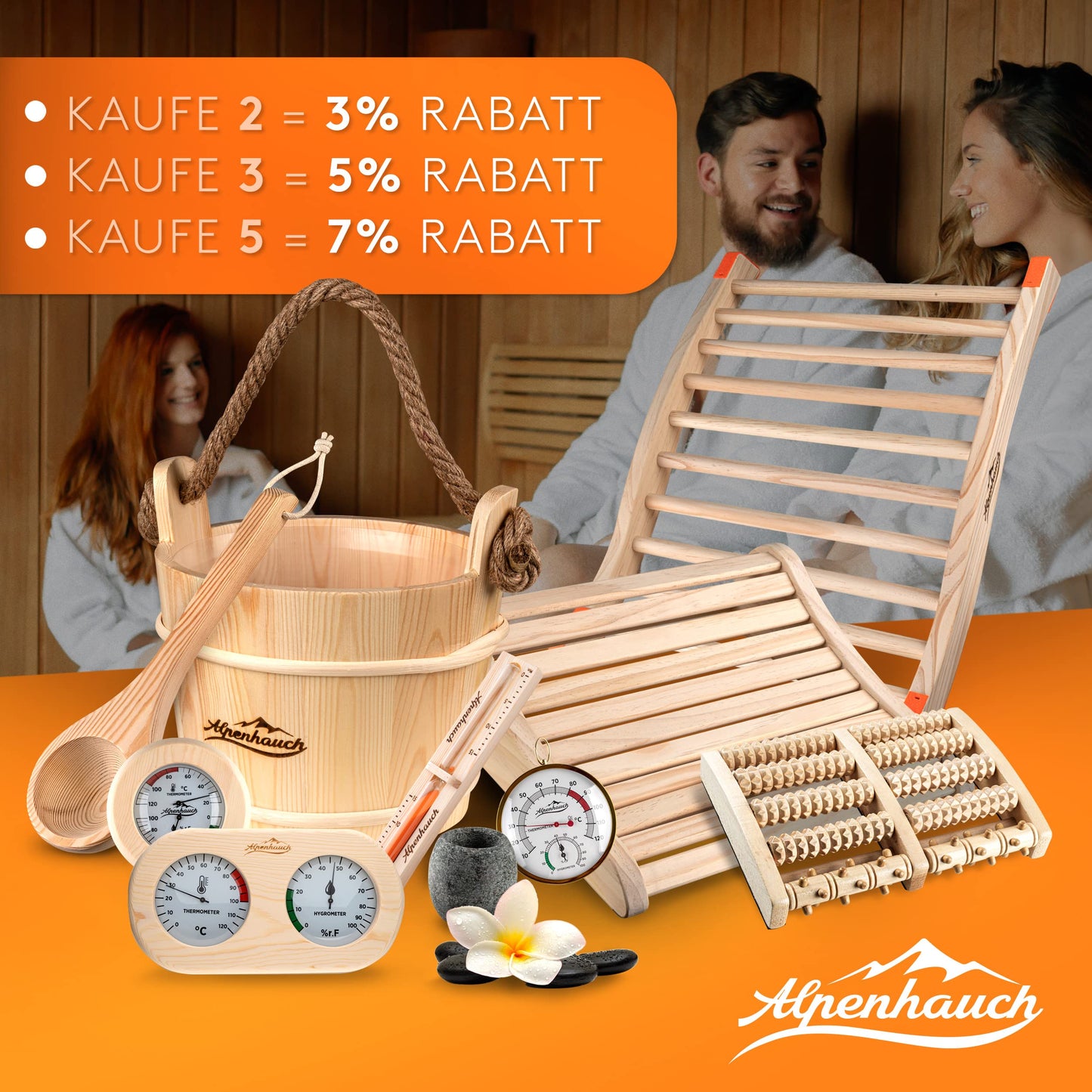 ALPENHAUCH Sauna Bucket with Ladle [100% natural wood] - Premium sauna bucket set with sauna hourglass & thermometer/hygrometer - Durable sauna accessory - Infusion bucket set includes practical sauna booklet