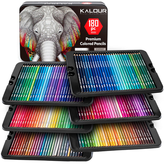 KALOUR 180 colored pencil set for adults, artists- vibrant pigment soft lead- wax-based- Ideal for coloring, drawing, sketching, shading, and blending- Vibrant colors