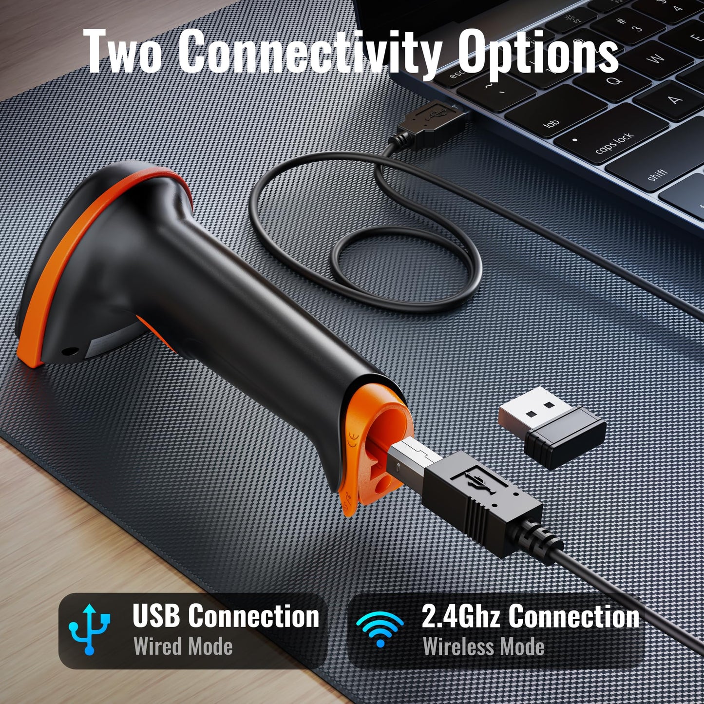 Tera Wireless Handheld Barcode Scanner 1D Laser with Wireless and USB Wired connections, Battery Level Indicator, Large 2000mAh Battery and Ergonomic Design, Patent No.: EU008489413, Upgrade Model 5100, Orange