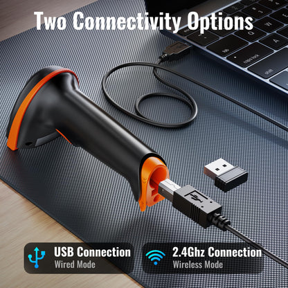 Tera Wireless Handheld Barcode Scanner 1D Laser with Wireless and USB Wired connections, Battery Level Indicator, Large 2000mAh Battery and Ergonomic Design, Patent No.: EU008489413, Upgrade Model 5100, Orange