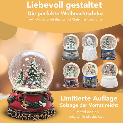 Snow globe decorate Christmas tree | base red with fir garland | with music box | shake ball Christmas decoration | W: 10 cm H: 14 cm | 20272