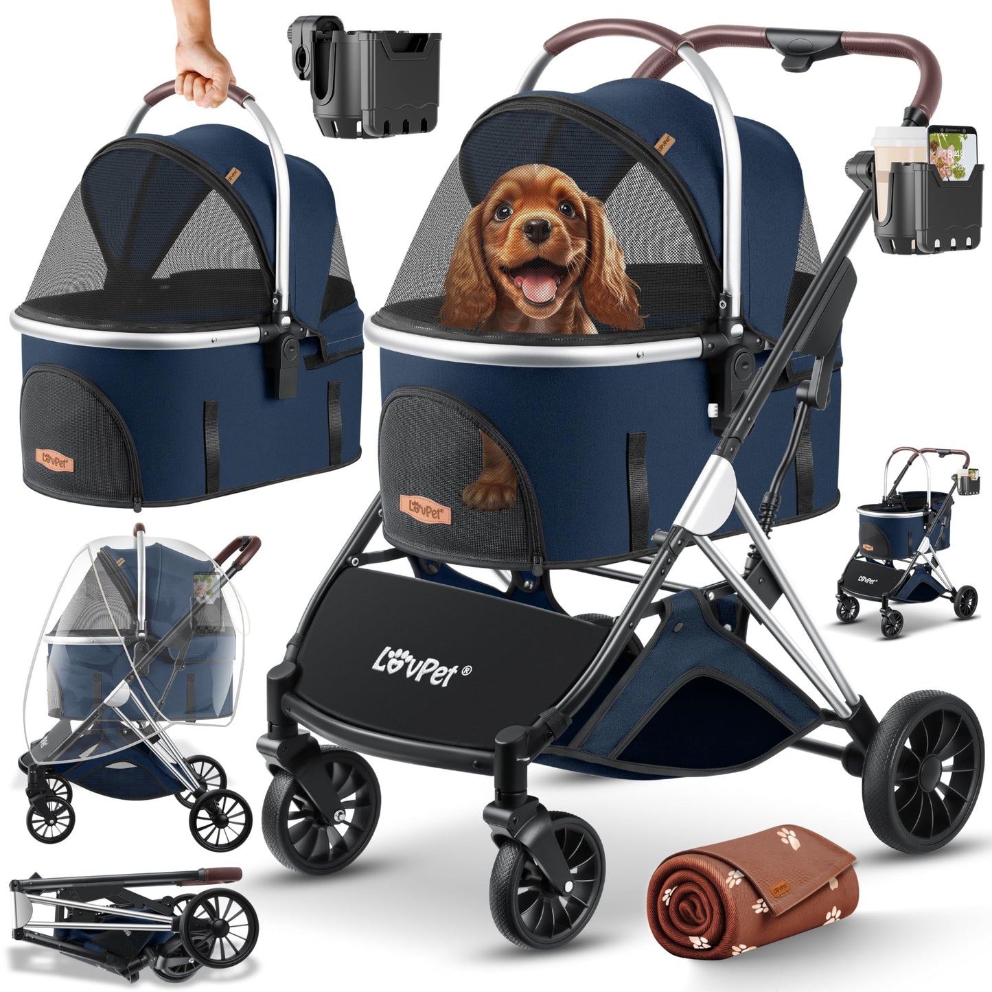 LOVPET® 3in1 dog stroller for dogs up to 20kg. Can be used as a dog carrier bag, foldable and collapsible. Features large wheels, mesh windows, rain cover, cup holder, and cozy blanket. Also suitable for cats, jogging, and outdoor activities.
