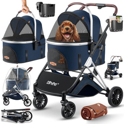 LOVPET® 3in1 dog stroller for dogs up to 20kg. Can be used as a dog carrier bag, foldable and collapsible. Features large wheels, mesh windows, rain cover, cup holder, and cozy blanket. Also suitable for cats, jogging, and outdoor activities.