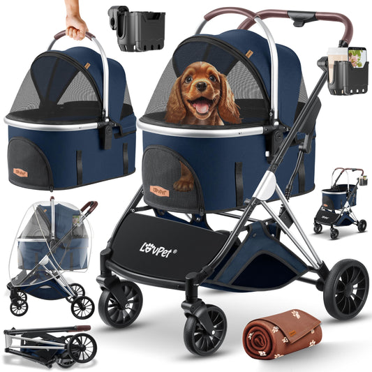 LOVPET® 3in1 dog stroller for dogs up to 20kg. Can be used as a dog carrier bag, foldable and collapsible. Features large wheels, mesh windows, rain cover, cup holder, and cozy blanket. Also suitable for cats, jogging, and outdoor activities.