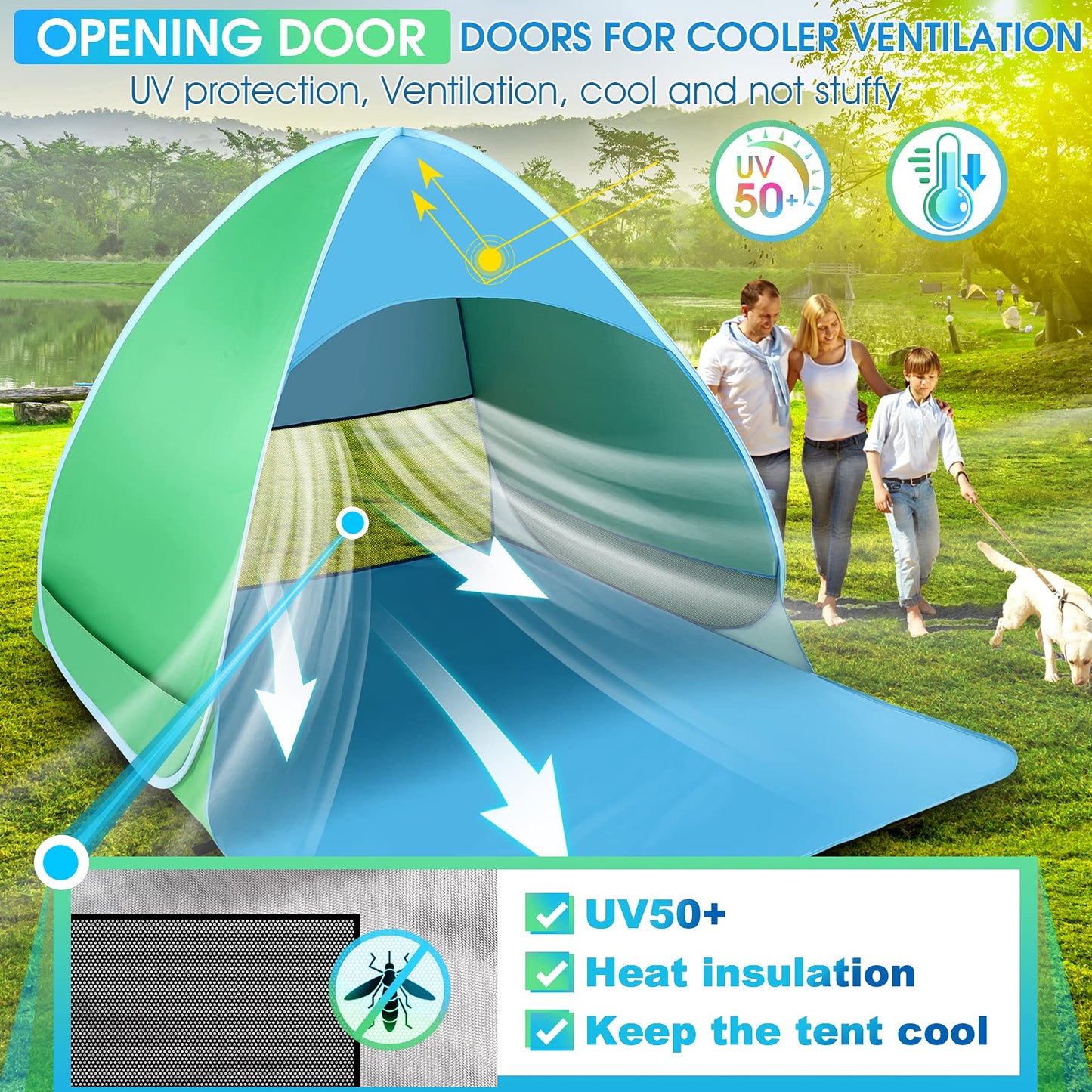 WONSEFOO Beach Tent UV Protection 50+ | 2-3 Person Beach Shelter | Pop-up Waterproof Portable Instant Tent | Beach Canopy for Family Camping Garden Beach