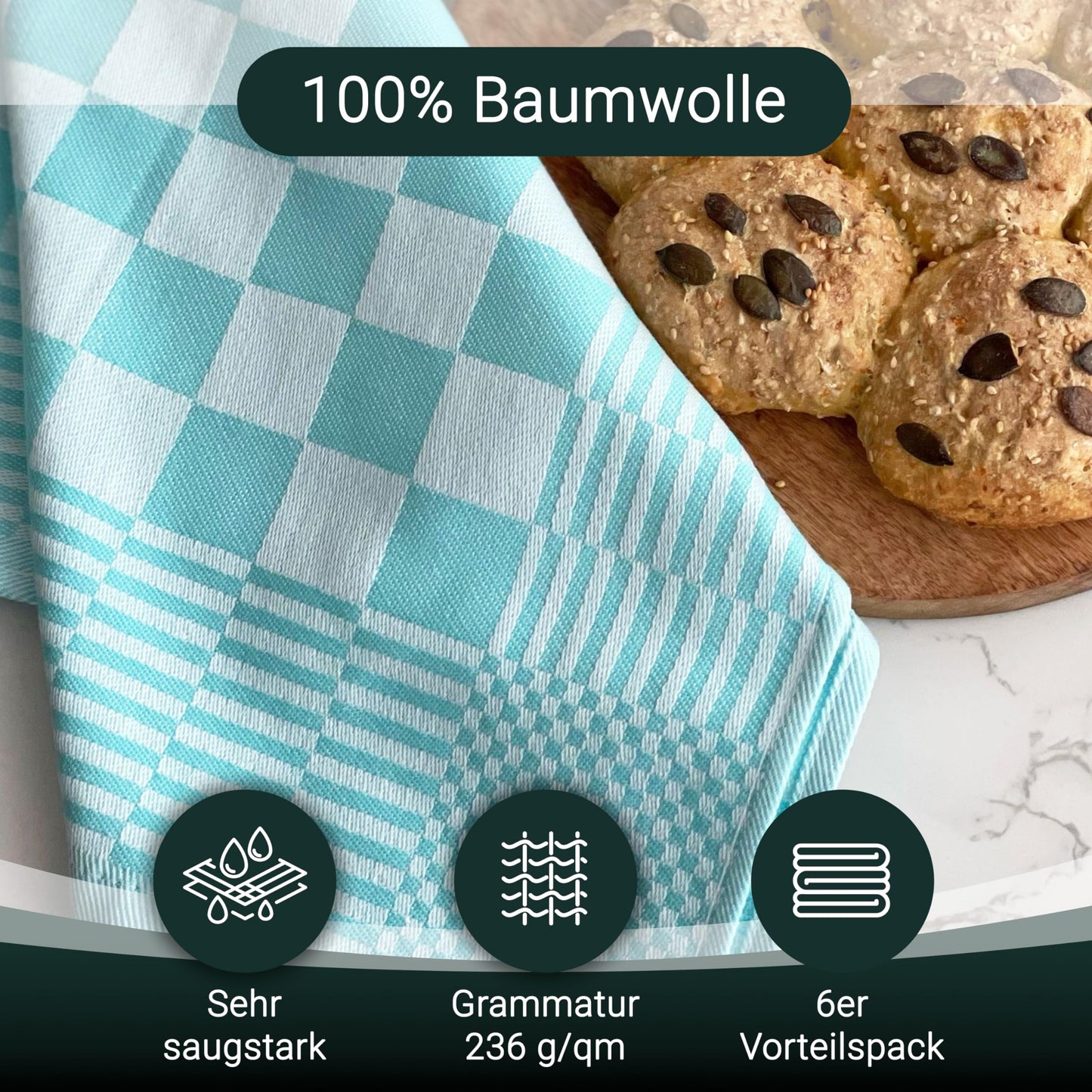 ZOLLNER 6 piece set of cotton kitchen towels, 65x65 cm - highly absorbent and durable - washable up to 60°C - mint checkered pattern - gastronomy quality - Oeko Tex® certified