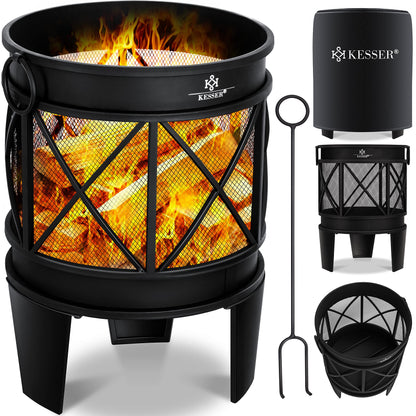 KESSER® Fire Bowl Including Cover Fire Pit with Spark Protection & Handles + Poker Fire Place 58 x 45 cm for Garden & Terrace Metal Antique Rust Look Multifunctional Fire Pit Heater BBQ Black