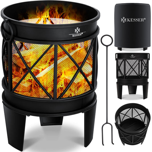KESSER® Fire Bowl Including Cover Fire Pit with Spark Protection & Handles + Poker Fire Place 58 x 45 cm for Garden & Terrace Metal Antique Rust Look Multifunctional Fire Pit Heater BBQ Black