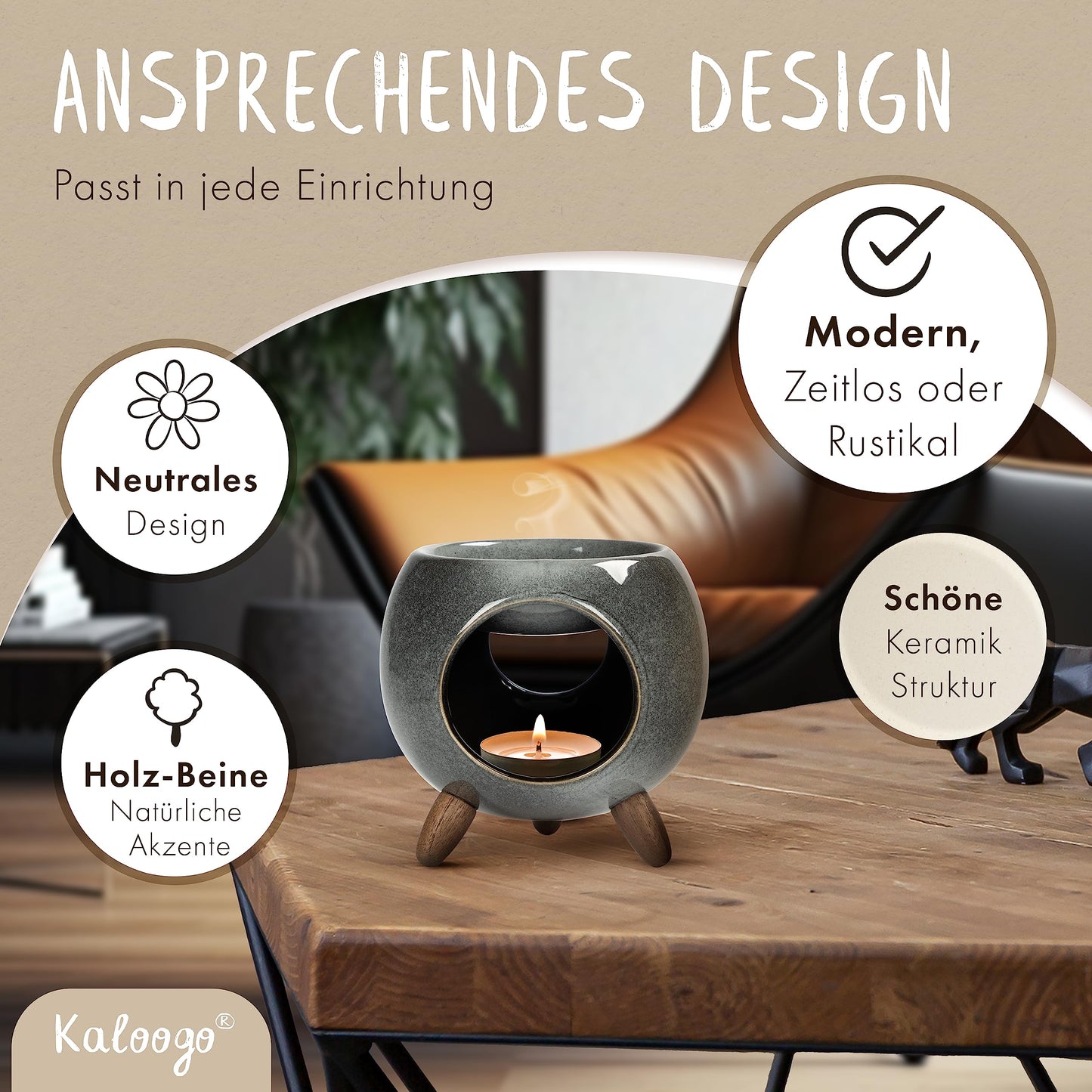 Kaloogo Sabai Scent Ceramic Oil Diffuser - Elegant scent light - Sturdy design - Perfect heat distribution - High-quality tealight oil diffuser - for scented wax and essential oils (Ash Gray)