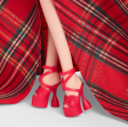 Barbie Signature Doll, Holiday Blonde Fashion Doll wearing gown with plaid skirt, seasonal collector gift in displayable packaging, HRM65.
