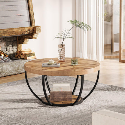 Tribesigns Round Coffee Table, Industrial 2-Tier Circle Coffee Table with Storage Shelves, Modern Wood Accent Center Table Sofa Side Table for Living Room, Home Office