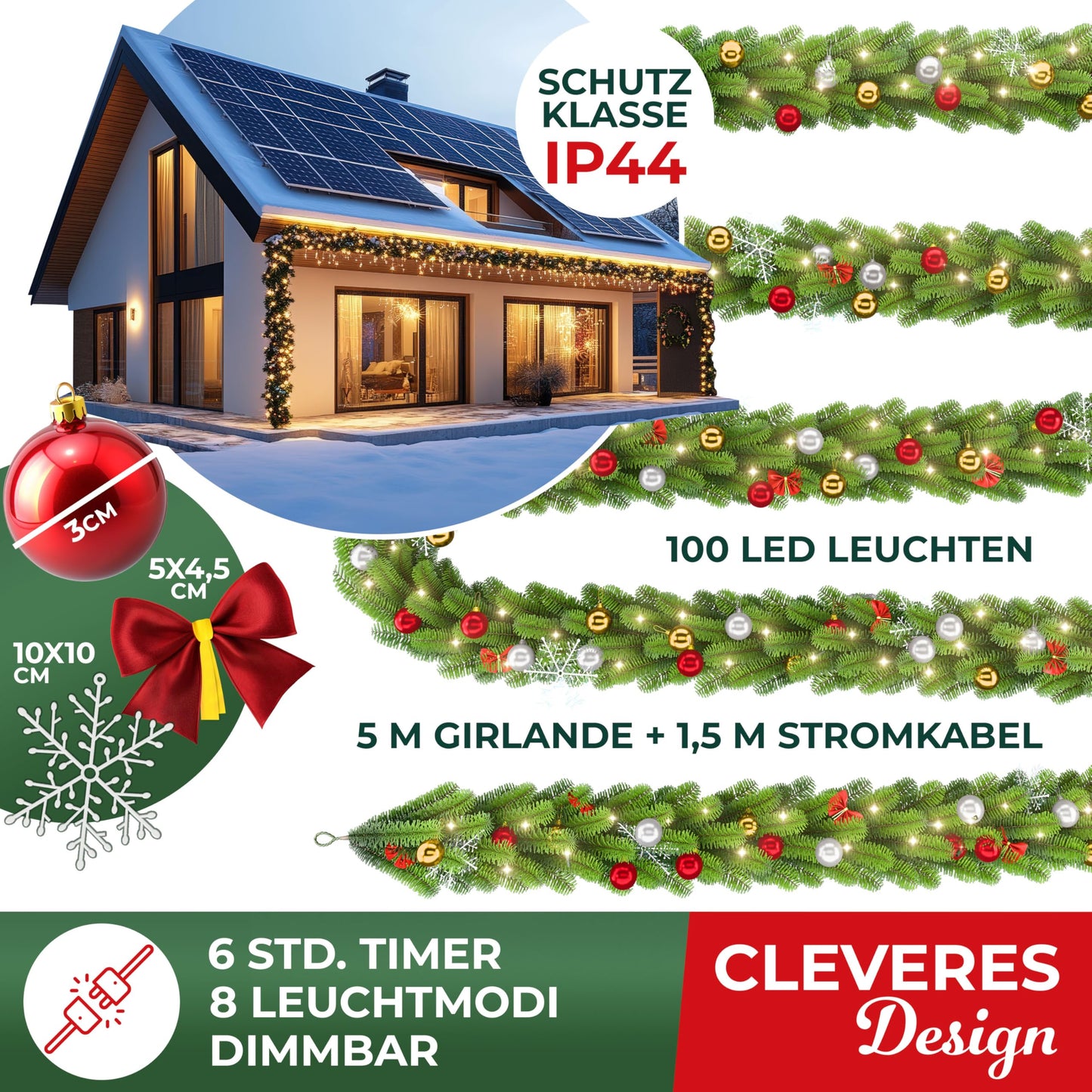 KESSER® Christmas garland 5m with lighting 100 LEDs - Timer - LED chain 8 light modes - Christmas lights - Christmas decoration In & Outdoor - Pine garland including remote control + decorative accessories
