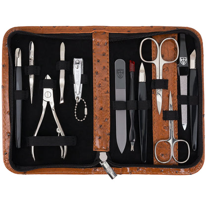 THREE SWORDS - 12-piece Nail Set 'Palermo' | High quality Manicure & Pedicure Nail Case: Color: faux leather ostrich-cognac | Contents: 12 instruments including nail scissors, nail clippers, glass file etc.