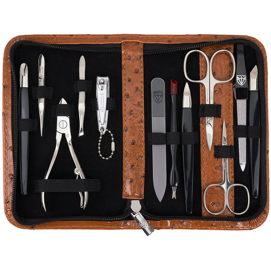 THREE SWORDS - 12-piece Nail Set 'Palermo' | High quality Manicure & Pedicure Nail Case: Color: faux leather ostrich-cognac | Contents: 12 instruments including nail scissors, nail clippers, glass file etc.