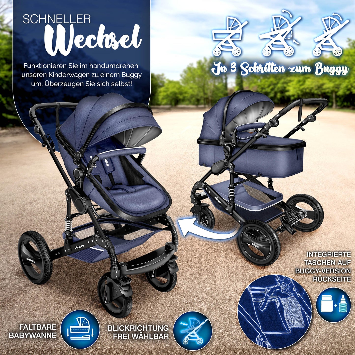 KIDUKU® 3 in 1 stroller XXL complete set | Combination stroller set including baby tub, buggy seat & car baby seat footmuff | solid rubber tires changing bag hand warmer rain cover child table ECE R129