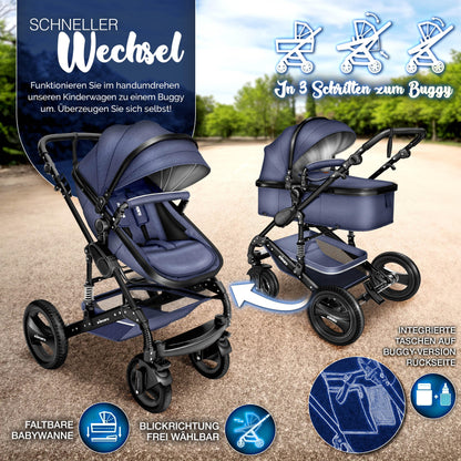 KIDUKU® 3 in 1 stroller XXL complete set | Combination stroller set including baby tub, buggy seat & car baby seat footmuff | solid rubber tires changing bag hand warmer rain cover child table ECE R129
