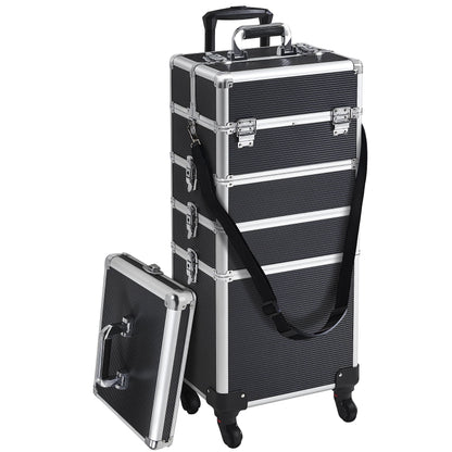 Yaheetech 5-in-1 hard shell cosmetic case, lockable makeup case, large hairdresser case with 360° rotating wheels, ample storage