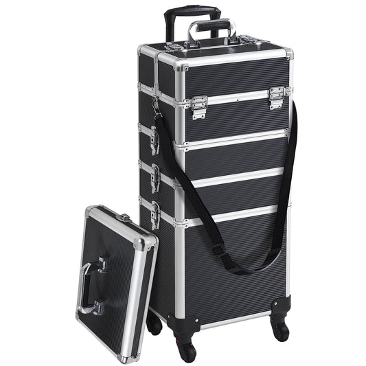Yaheetech 5-in-1 hard shell cosmetic case, lockable makeup case, large hairdresser case with 360° rotating wheels, ample storage