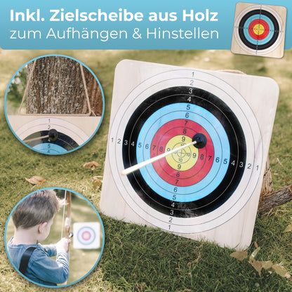 BOWRILLA® arrow and bow children's set with 6 suction cup arrows, wooden target, and quiver | Archery kids' toy for indoor and outdoor games from age 4 | For right and left-handed players.