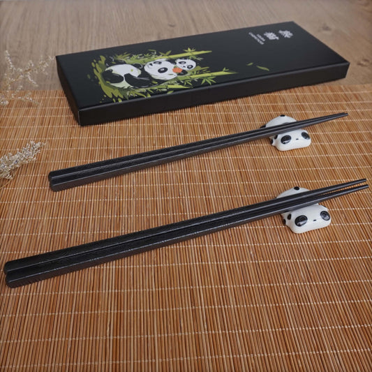 Reusable fiberglass chopstick set with panda design - 2 pairs of dishwasher-safe chopsticks + ceramic rest - elegant Chinese gift