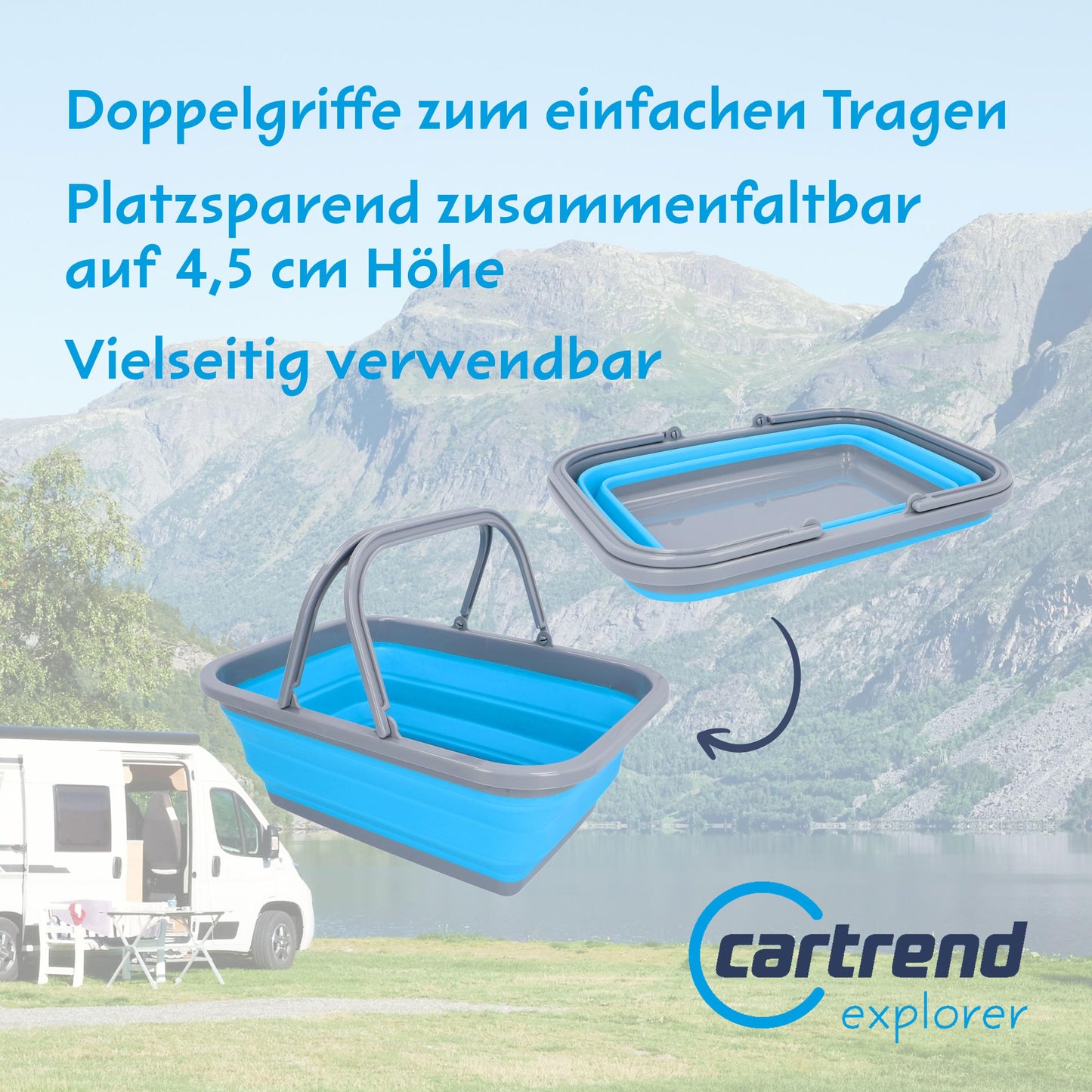 Car trend caravan basin with handle, foldable, for washing up, shopping, transport, laundry, 9 liters, camping, camping accessories, caravan, motorhome, caravan accessories, blue.